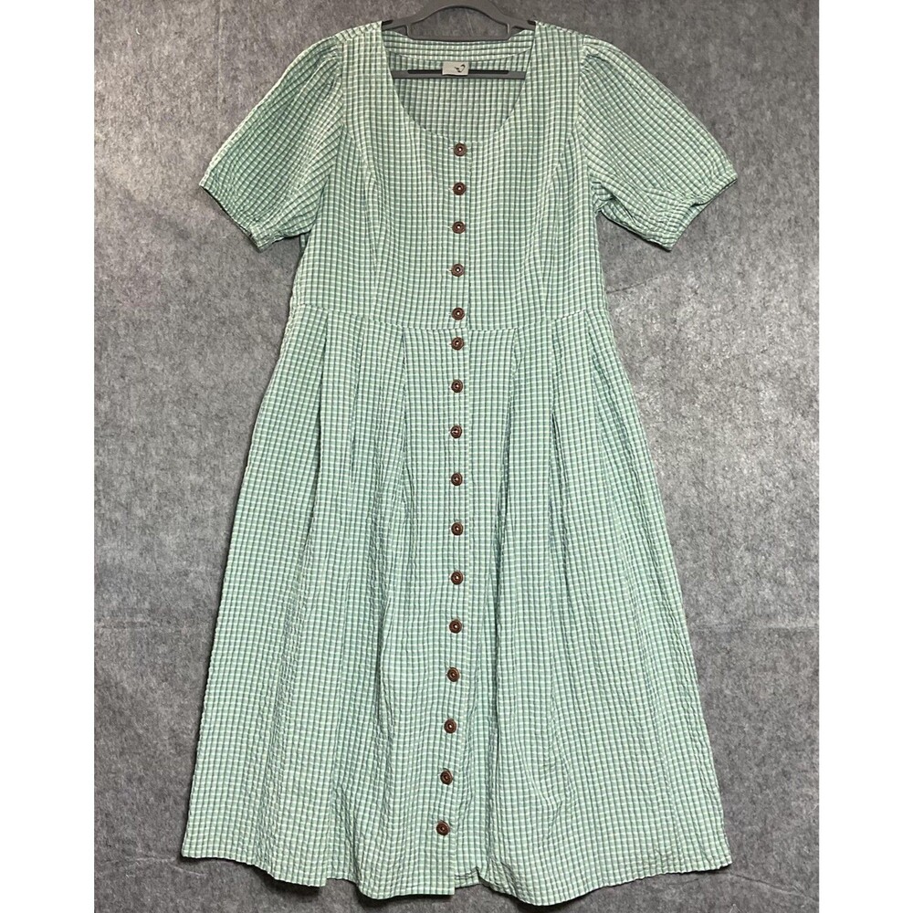 Ulla Popken Von Landen Dress Women Large Green Gingham Pockets Button Front Maxi
